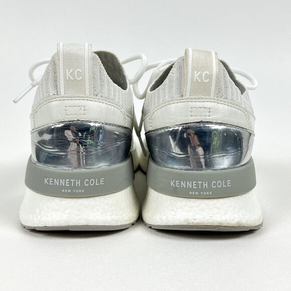 Kenneth Cole Lessia Knit Sock Sneakers Silver Mirrored Panel at Heel White Sz 8 - Picture 4 of 11